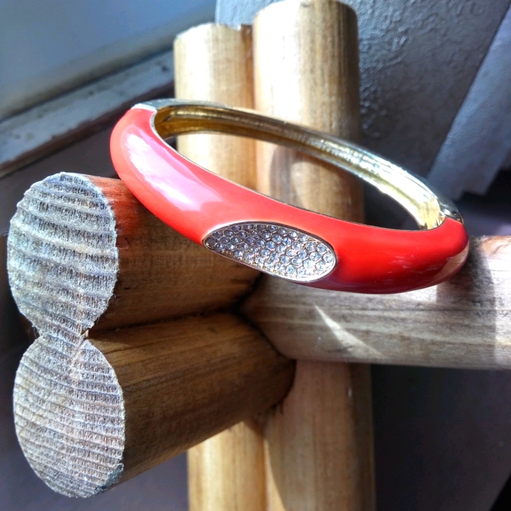 Orange-coral enamel and rhinestone bangle bracelet